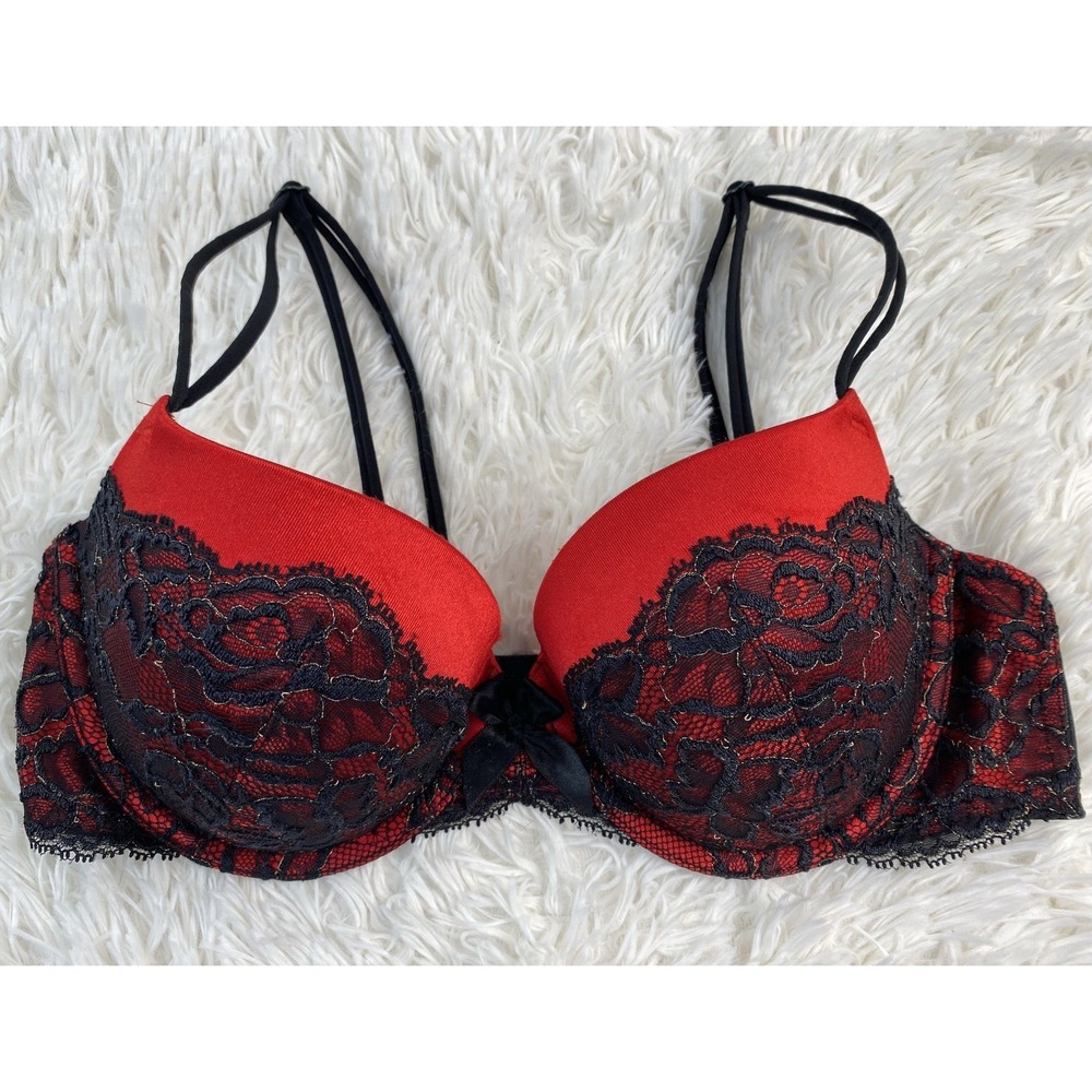 Victoria's Secret Women's 36C Red Satin Black Lace Very Sexy Lined Demi Bra